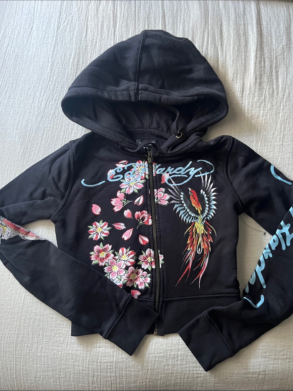 Ed Hardy Black Kids Zip Hoodie with Floral & Parrot Print
